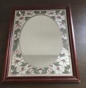 Vtg Romantic Etched Floral Flower Magnolia Oval Mirror Wood Frame Granny Retro